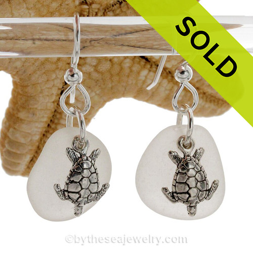 Larger Genuine Sea Glass Earrings In Pure White on Sterling Silver With Turtle Charms