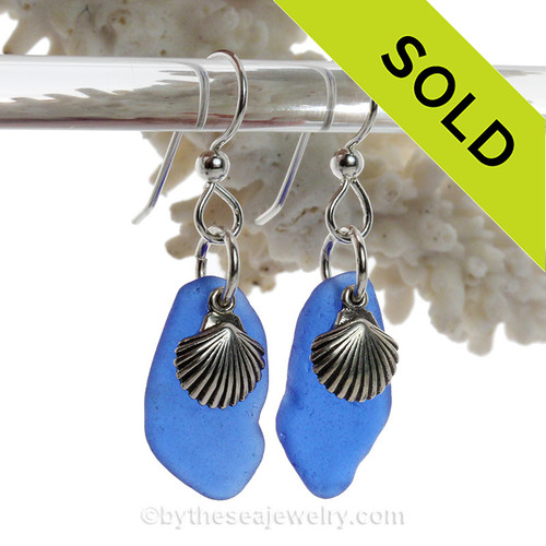 Genuine Beach Found Blue Sea Glass Earrings On Sterling W/ Sea Shell Charms.