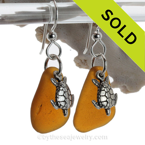 Glowing Amber Brown Genuine Sea Glass Earrings in sterling with Solid Sterling Silver Sea Turtle charms.