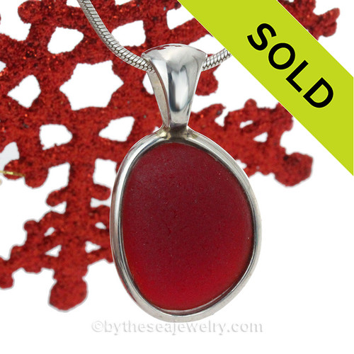 LARGE Deep Fire Red Sea Glass Pendant in our Deluxe Wire Bezel setting.