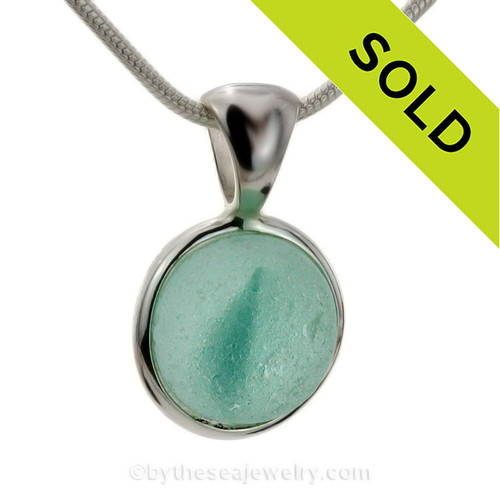 Vivid Aqua Sea Glass Catseye Marble Pendant In Deluxe Solid Silver Sterling Wire Bezel.