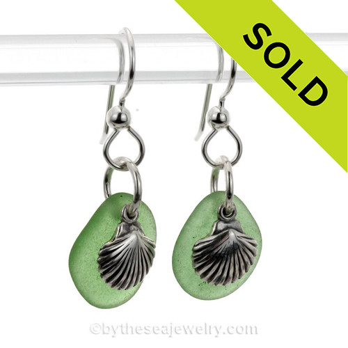  Green Sea Glass Earrings W/ Solid Sterling Shell Charms (SSE21-14)