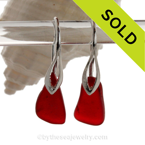 These vivid Ruby Red Natural Sea Glass pieces really glow hanging from these solid sterling silver Deco Hook Earrings