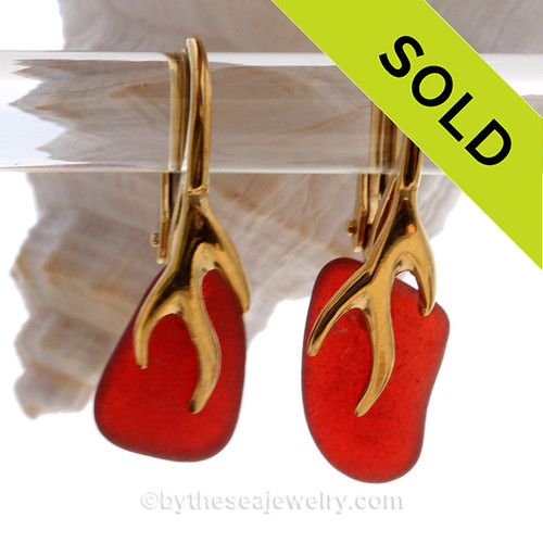 Real Ruby Red Genuine beach found Sea Glass Earrings on 24K Gold Vermeil Coral Branch Earrings