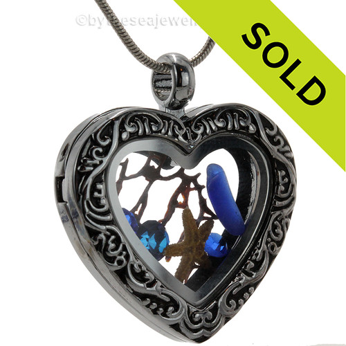 My Heart is Blue - Cobalt Blue Genuine Sea Glass Heart Locket with Starfish and Blue Crystal Gems