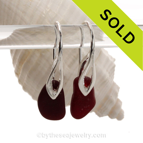 These DEEP Ruby Red Natural Sea Glass pieces really glow hanging from these solid sterling silver Deco Hook Earrings