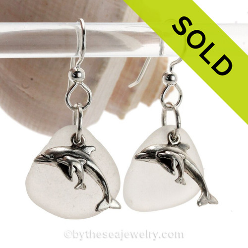 Sea Glass Earrings In White on Sterling Silver With S/S Mom and Baby Dolphin Charms