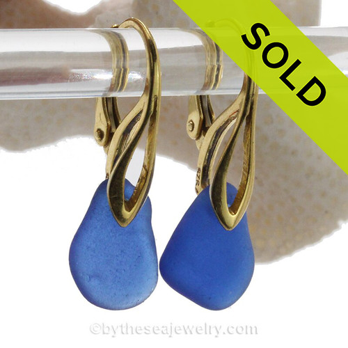 Petite pieces of Cobalt Blue Sea Glass on 24K Gold Vermeil Deco Leverbacks