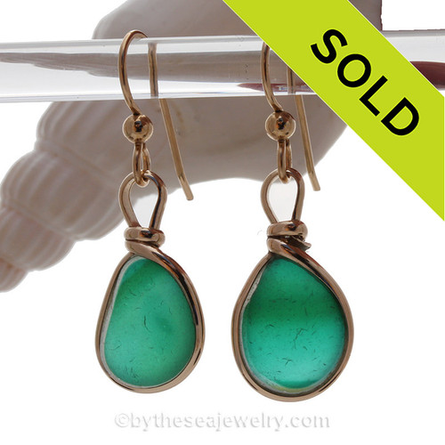 SUPER ULTRA RARE - LARGE Mixed Aqua Green with a hint of Gold English Multi Sea Glass Earrings In 14K Goldfilled Original Wire Bezel©