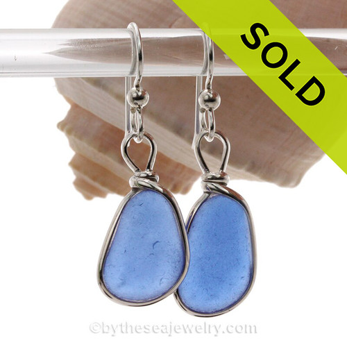 Thinner and Lightweight Blue Genuine Beach Found Sea Glass Earrings Solid Sterling Silver Original Wire Bezel©, a great choice for any sea glass lover!