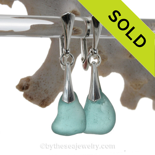 Vivid Thick Aqua Blue Genuine Sea Glass on Solid Sterling Silver Deluxe Dangly Leverbacks