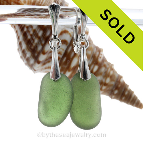 Larger Seaweed Green Genuine Sea Glass Solid Sterling Silver Dangly Deluxe Leverback Earrings