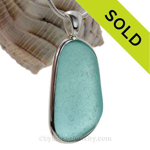 Large Vivid Aqua Blue Sea Glass In Solid Sterling Sterling Deluxe Wire Bezel©  