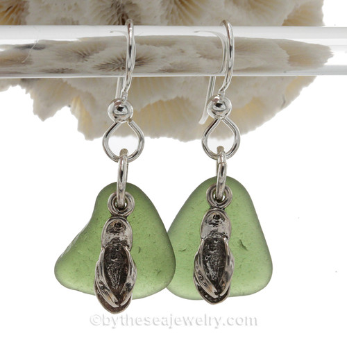 Bright Olive Green Sea Glass Earrings W/ Solid Sterling Flip Flop Charms