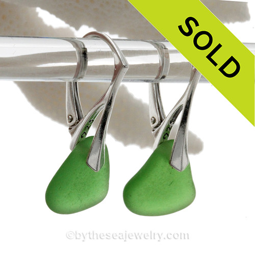 Brilliant p erfect Emerald Green Sea Glass Earrings On Solid Sterling Silver Leverbacks