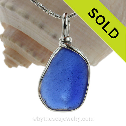 Blue Bleach Found Sea Glass In Original  Wire Bezel©  Pendant in Sterling Silver