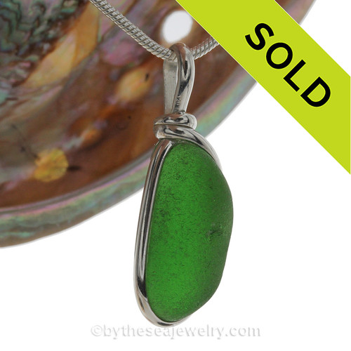 Mermaids Emerald - VIVID Green Sea Glass Necklace Pendant in Original Wire Bezel©