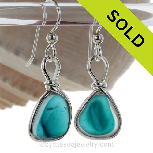 AMAZING Turquoise Green Multi Sea Glass Earrings set in our Original Wire Bezel© setting in silver.