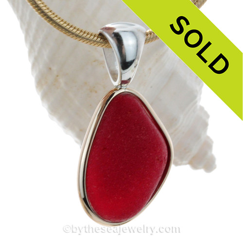 Vivid PERFECT Cherry  Red Sea Glass Pendant In Tiffany Deluxe Wire Bezel© Gold & Silver Mix
