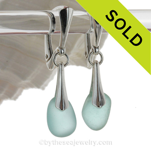Vivid Thick Aqua Blue Genuine Hawaiian Sea Glass on Solid Sterling Silver Deluxe Dangly Leverbacks