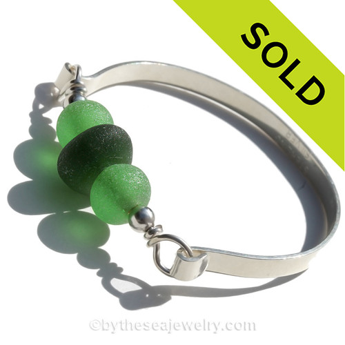 Deep Green Sea Glass Sterling Wide Flat Small Bangle Bracelet 