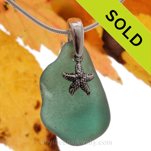 Stunning Teal Green Beach Found Sea Glass With Sterling Silver Starfish Charm - 18" Solid Sterling CHAIN INCLUDED