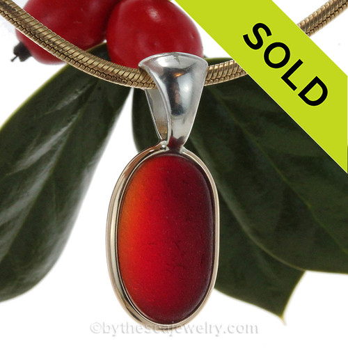 Vivid PERFECT Amberina Red Sea Glass Pendant In Tiffany Deluxe Wire Bezel© Gold & Silver Mix