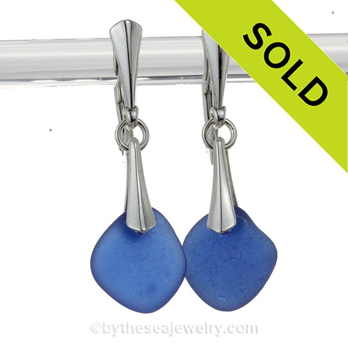 Perfect Blue Genuine Sea Glass on Solid Sterling Silver Deluxe Dangly Leverbacks 