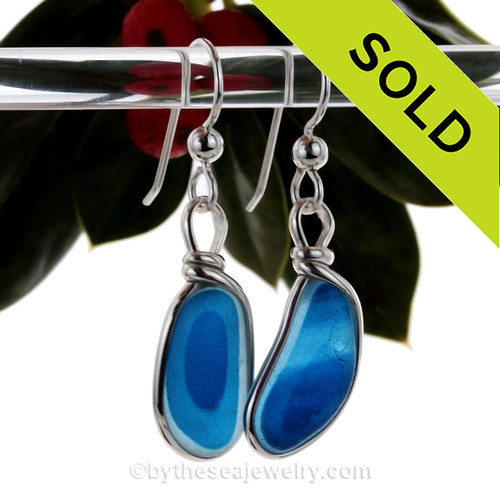 An ultra rare match of mixed electric Royal Blue English sea glass piece from Seaham England in our Original Gold Wire Bezel© sea glass earring setting.