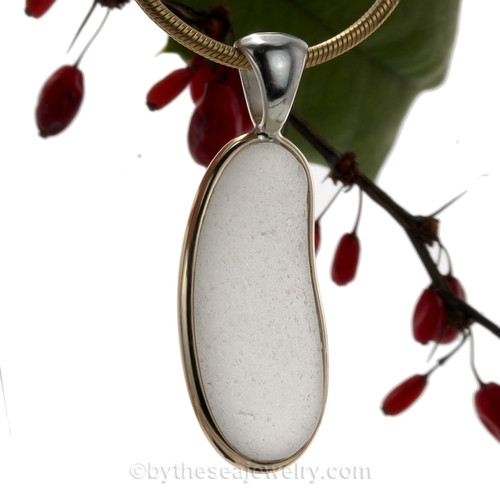 Long and Lovely White Natural Sea Glass Heart In Deluxe Tiffrany Mixed Metal Bezel© Necklace Pendant 