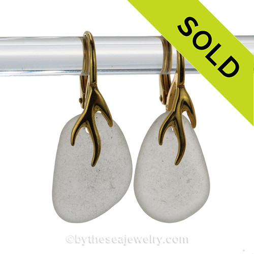 White Beach Found Genuine Sea Glass Earrings on 24K Gold Vermeil
