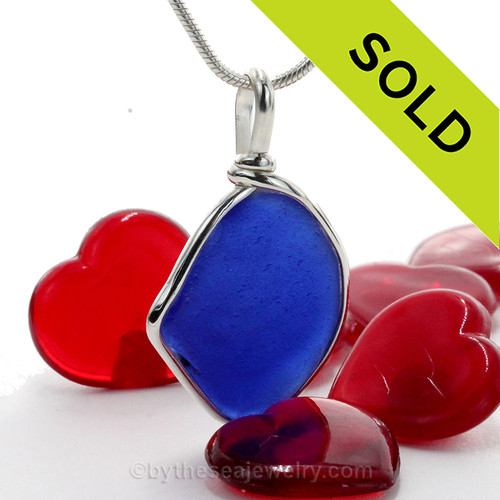 Large Thinner Blue Genuine Sea Glass Pendant in Solid Sterling Silver Original Wire Bezel