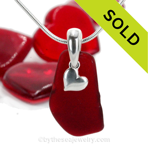 Ruby Red Genuine Sea Glass Necklace with Sterling Silver Heart Charm - 18" Solid Sterling Chain INCLUDED