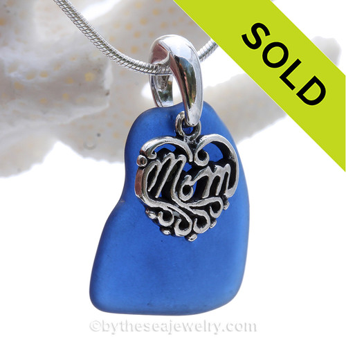 For Mom - Cobalt Blue Genuine Sea Glass Necklace & Sterling MOM Heart Charm 