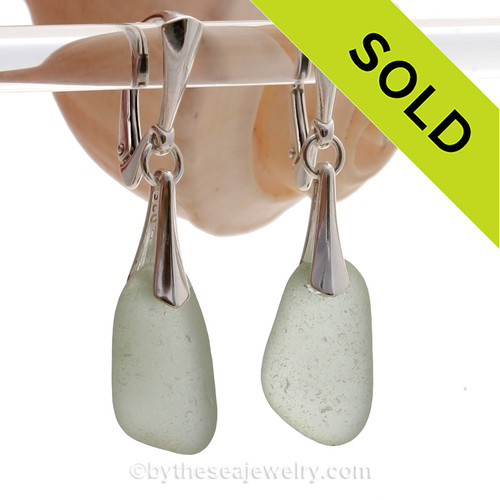 Thicker Seafoam Green Genuine Sea Glass Solid Sterling Silver Dangly Deluxe Leverback Earrings.