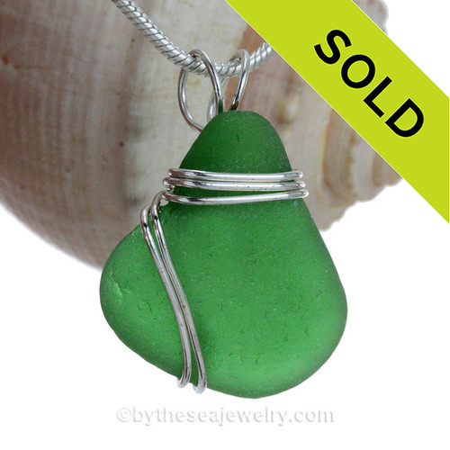  Vivid Green Genuine Sea Glass In Sterling Triple Setting Pendant for Necklace