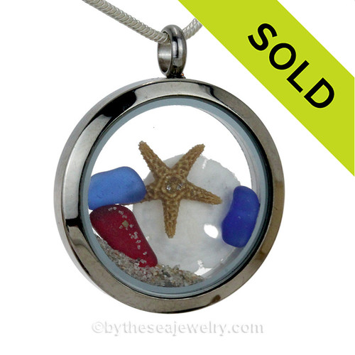 Genuine Red & Blue Sea Glass Locket With Starfish & Sandollar