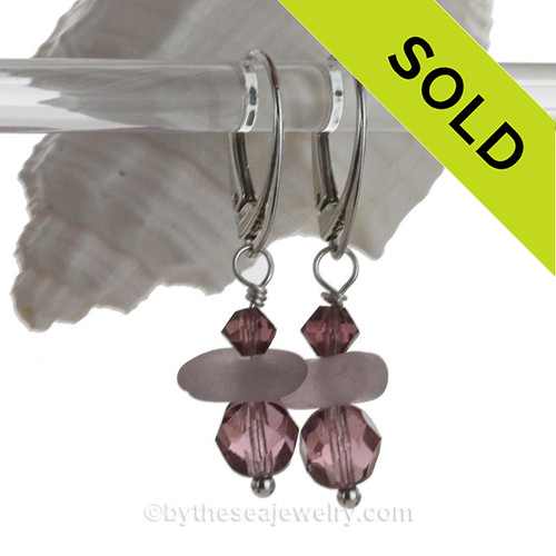 Purple or Lavender Sea Glass Earrings With Vintage Crystals on Sterling Leverbacks