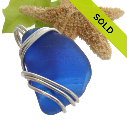 Cobalt Blue Certified Sea Glass In Sterling Triple Side Setting