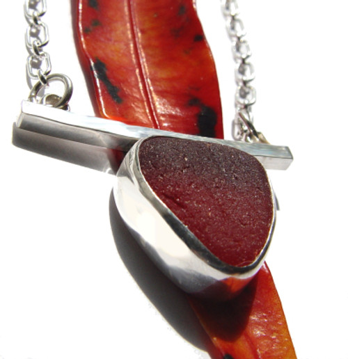 Ridged Cherry Red - Classic Bezel ULTRA RARE Beach Found Sea Glass on Sterling Chain w/ Magnetic Clasp