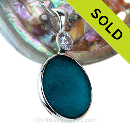 SUPER ULTRA RARE Electric Deep Teal Sea Glass Pendant In Deluxe Wire Bezel With Manmade Diamond