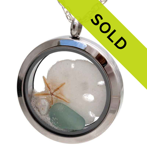 Summer - Aqua Sea Glass Locket With Sandollar and Pearl