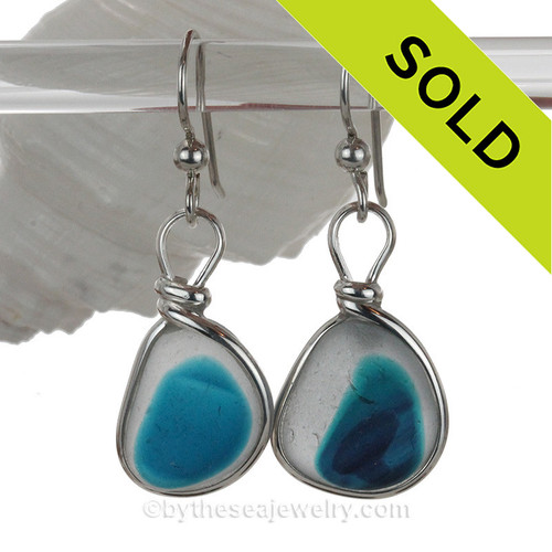 SUPER ULTRA RARE - LARGE Mixed Aqua Blue Sterling English Multi Sea Glass Earrings In Sterling Original Wire Bezel© 