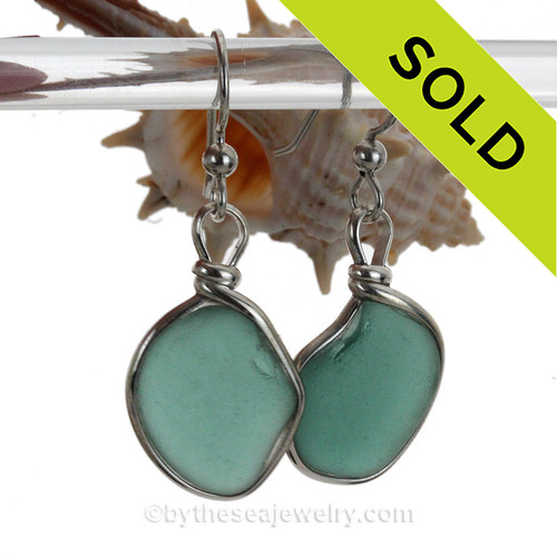 Turquoise or Teal Green Genuine Sea Glass Earrings In Original Sterling  Wire Bezel©