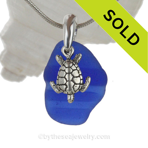 Ridged Cobalt Blue Glass With Sterling Silver Turtle Charm 