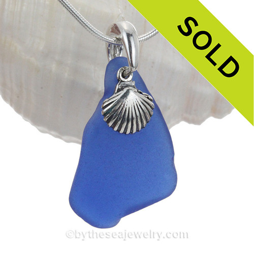 Blue Sea Glass Necklace with Sterling Chain and Shell Charm