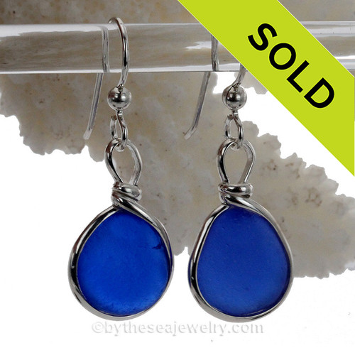Round Genuine Cobalt Blue Sea Glass Earrings In Sterling Wire Bezel Setting©