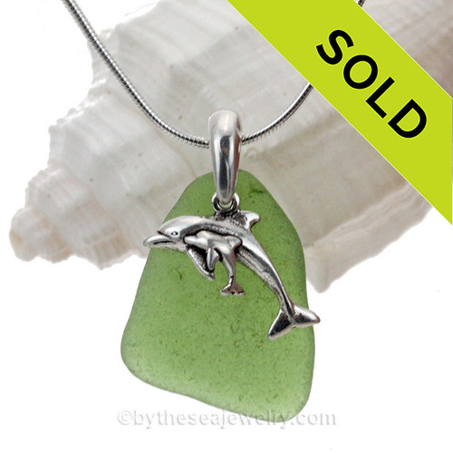 Green Sea Glass With Sterling Dolphin Charm