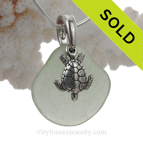 Soft Seafoam Green Sea Glass Necklace with Sterling Detailed Sea Turtle Charm and 18" STERLING CHAIN INCLUDED 
