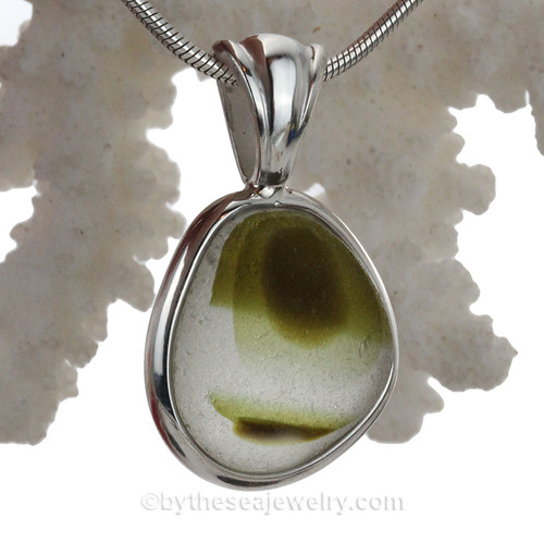  Ultra Rare Army Green Seaham Sea Glass Pendant In Deluxe Sterling Wire Bezel©